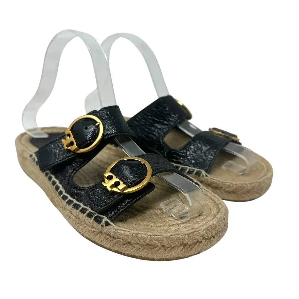 Tory Burch Selby Patent Leather Espadrille Slide Sandals Black Size US 6.5
